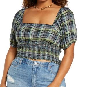 BP Veronika Plaid Crop Top in Navy Multi Women's 1X NWT